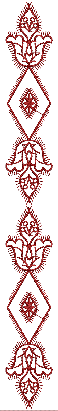 Embroidery design: A long, vertical embroidery design in red, featuring a repeating ornamental and geometric pattern with symmetrical eleme