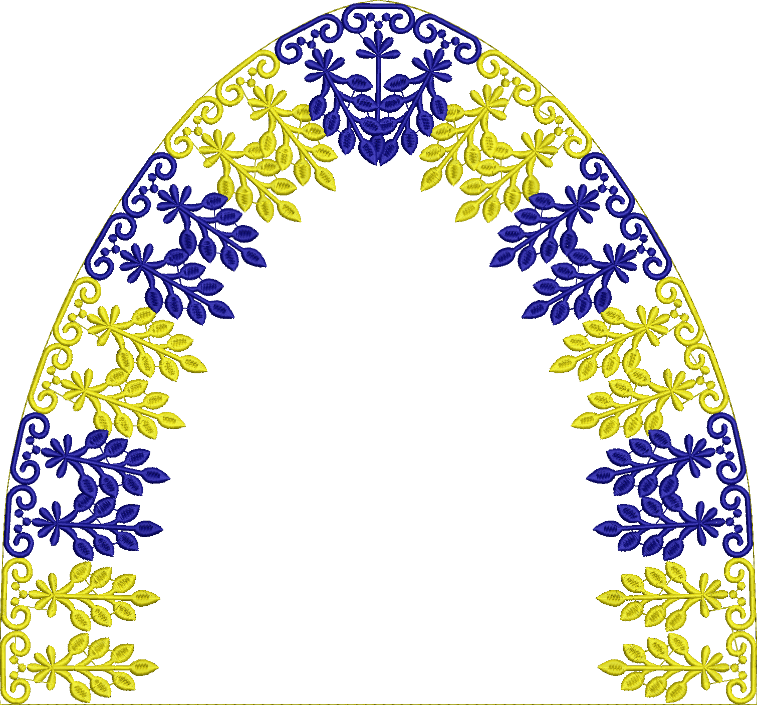 Embroidery design: A decorative arched border embroidery design with alternating blue and yellow floral and vine motifs, featuring symmetri