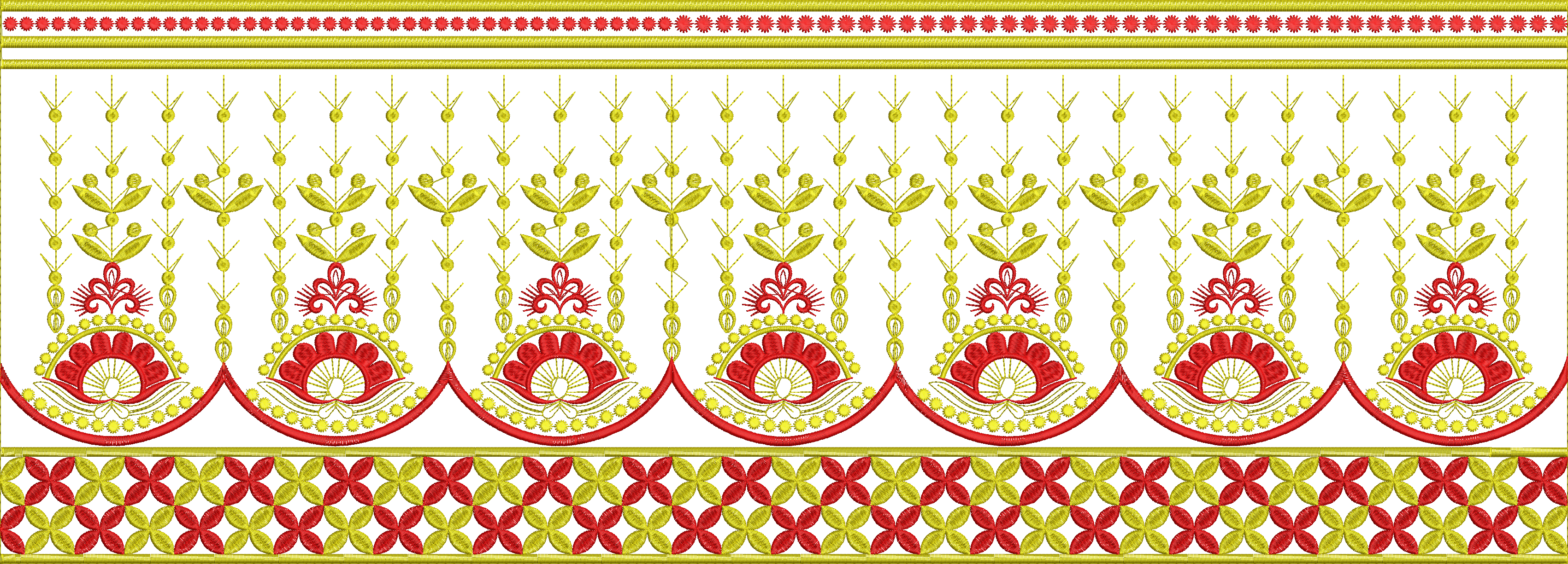 Embroidery design: A traditional embroidery border design with repeating symmetrical floral and geometric motifs in red and yellow on a whi