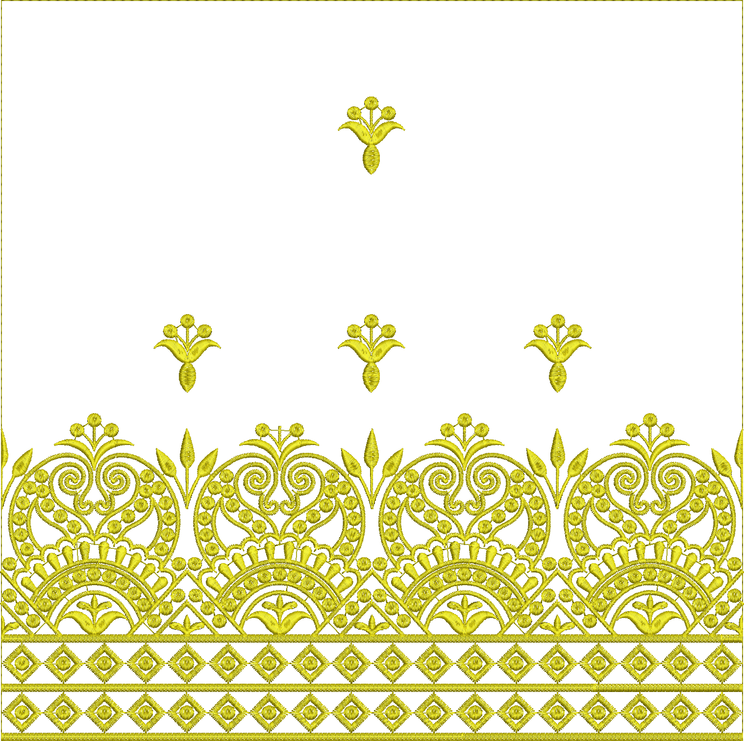 Embroidery design: A golden yellow embroidery design featuring a wide, ornate border with intricate symmetrical scrolling floral and geomet