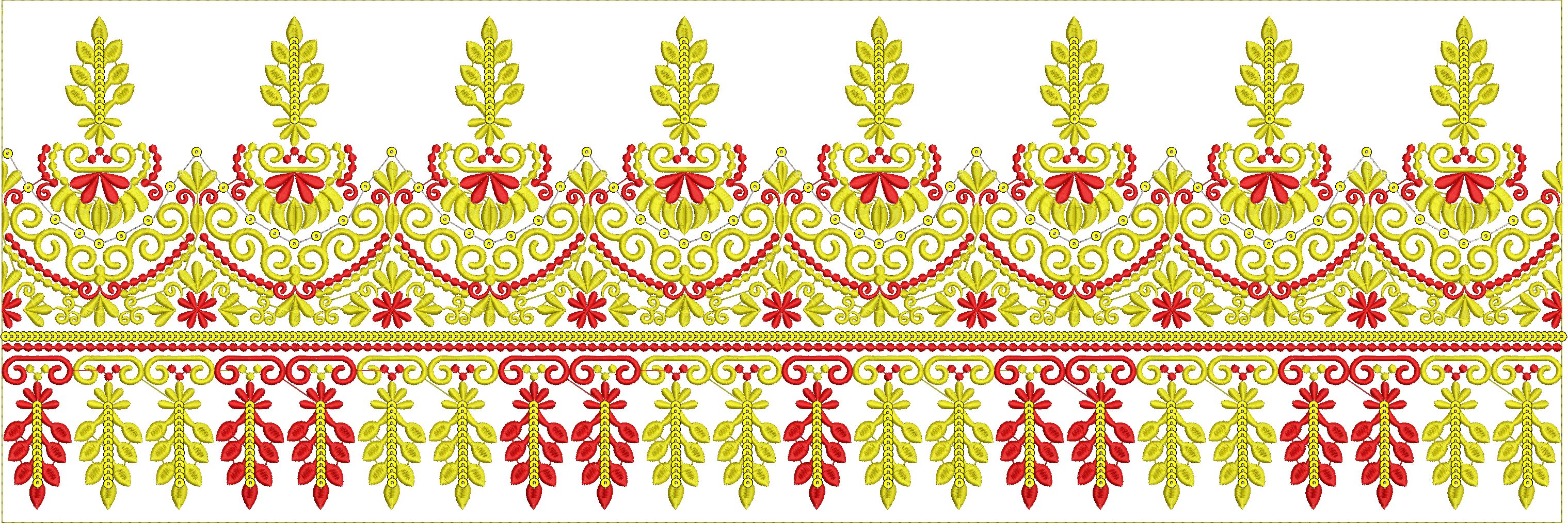 A traditional ornamental border design with repeating floral and geometric motifs in red and yellow.