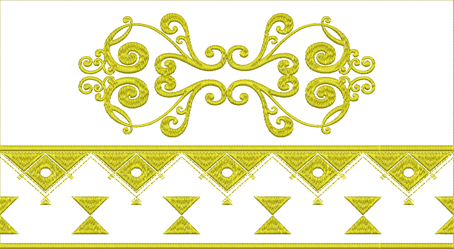 Embroidery design: A decorative yellow border embroidery design featuring intricate scrollwork at the top and a geometric pattern with diam