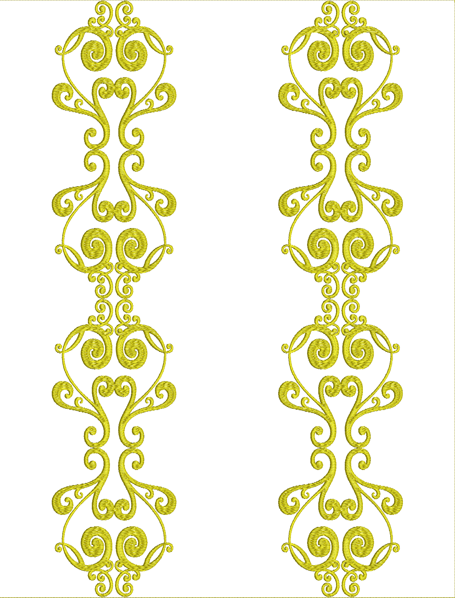 Embroidery design: A golden embroidery design featuring intricate, symmetrical scrollwork in a decorative border pattern.