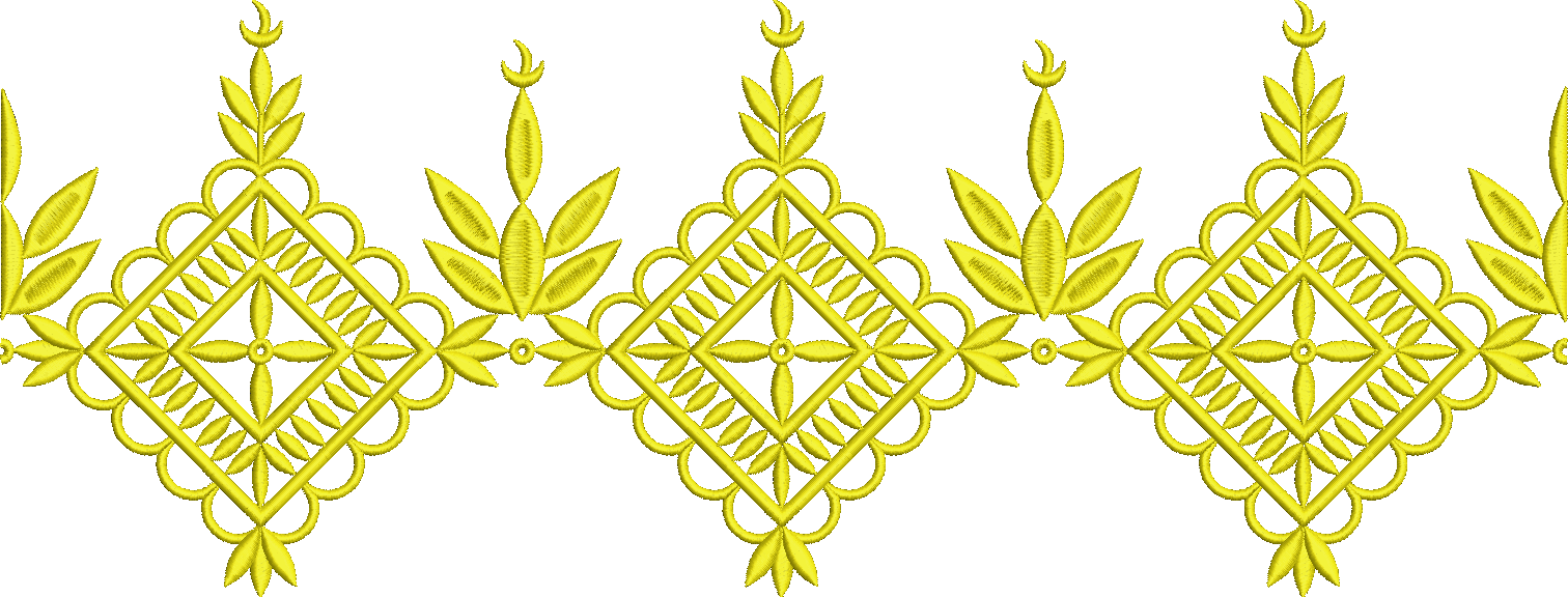 Embroidery design: A yellow, ornamental, and decorative border with repeating geometric and floral/leaf motifs, arranged symmetrically.