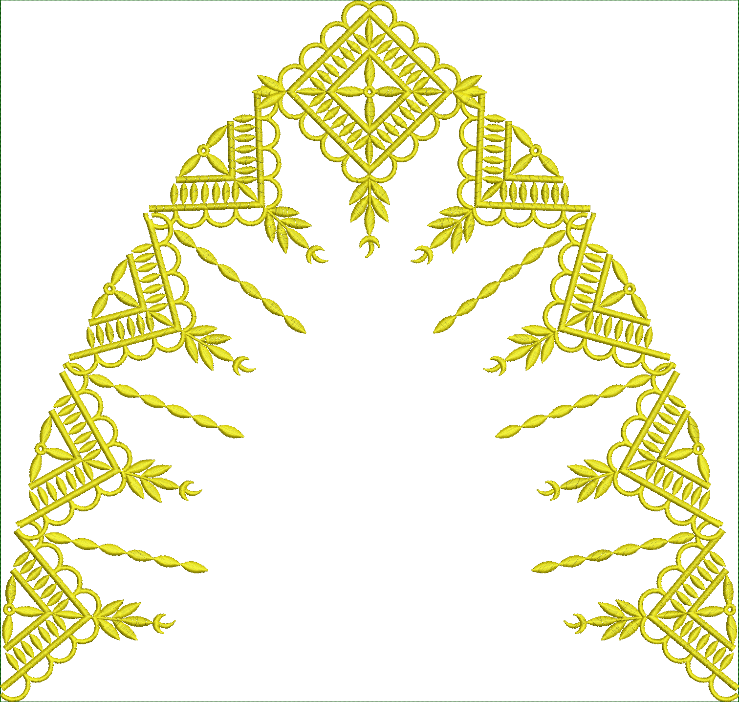 Embroidery design: A yellow, ornamental, and symmetrical corner embroidery design with geometric and botanical elements, suitable as a deco