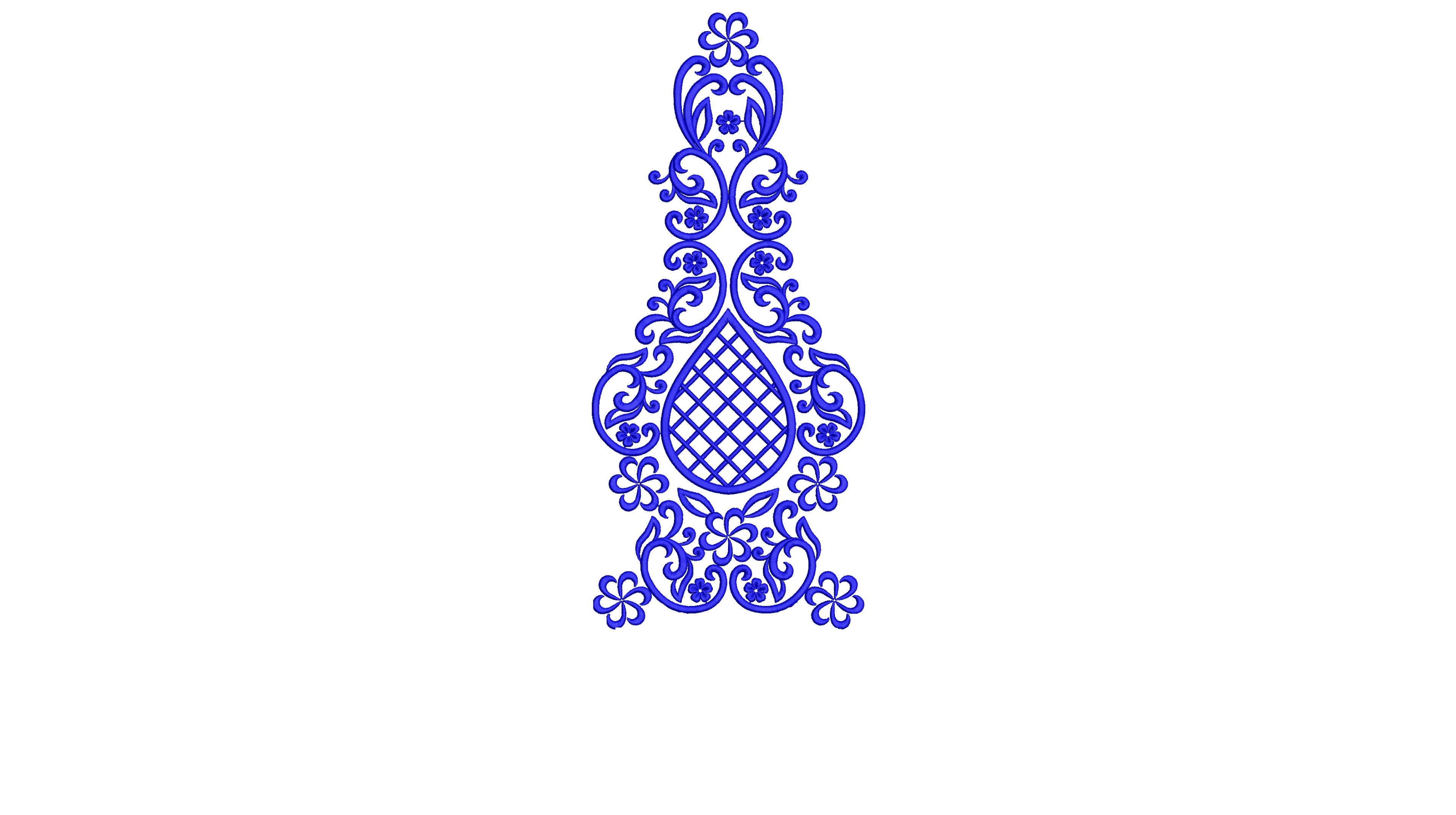 Embroidery design: A blue ornamental embroidery design with symmetrical scrollwork, small flowers, and a central diamond lattice.