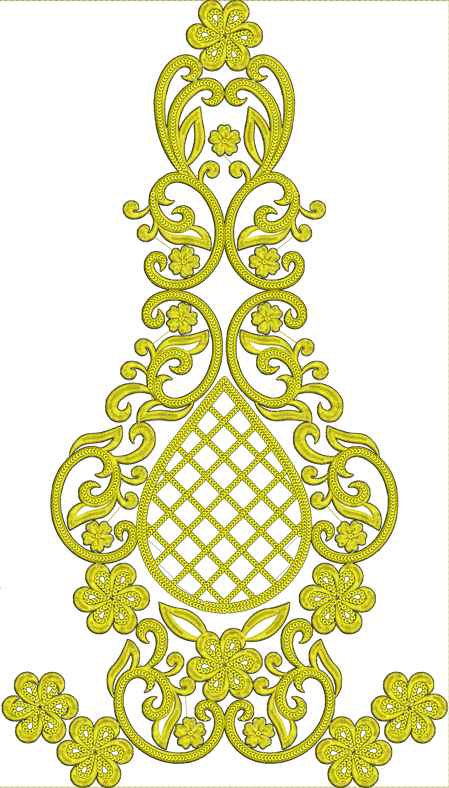 Embroidery design: A symmetrical ornamental embroidery design in yellow, featuring intricate scrollwork, floral motifs, and a central diamo