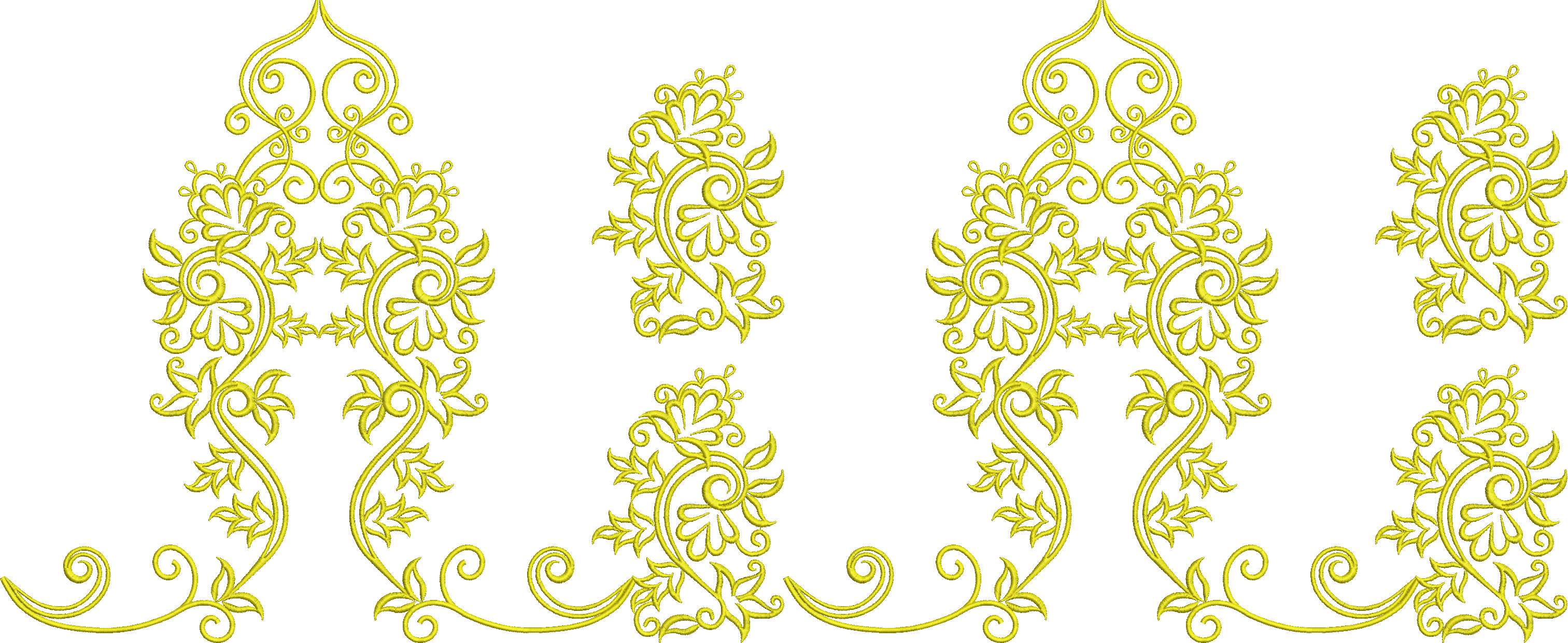 Embroidery design: A decorative yellow embroidery design with an ornamental, traditional, and arabesque style featuring scrollwork, vines, 