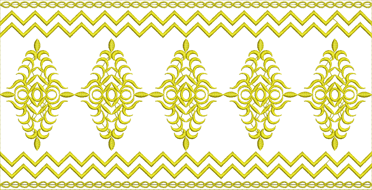 Embroidery design: A decorative embroidery border with repeating symmetrical golden motifs and chevron and chain-like patterns.