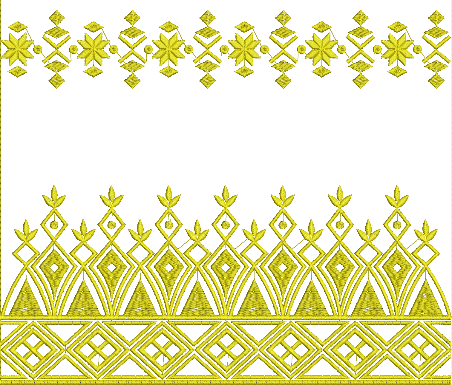 Embroidery design: A decorative yellow embroidery border with repeating geometric and diamond patterns, suitable for traditional or ethnic 