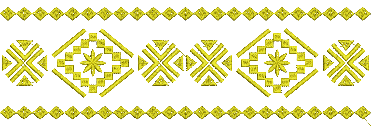 Embroidery design: A repeating horizontal border embroidery design featuring geometric and star-like floral motifs in yellow.