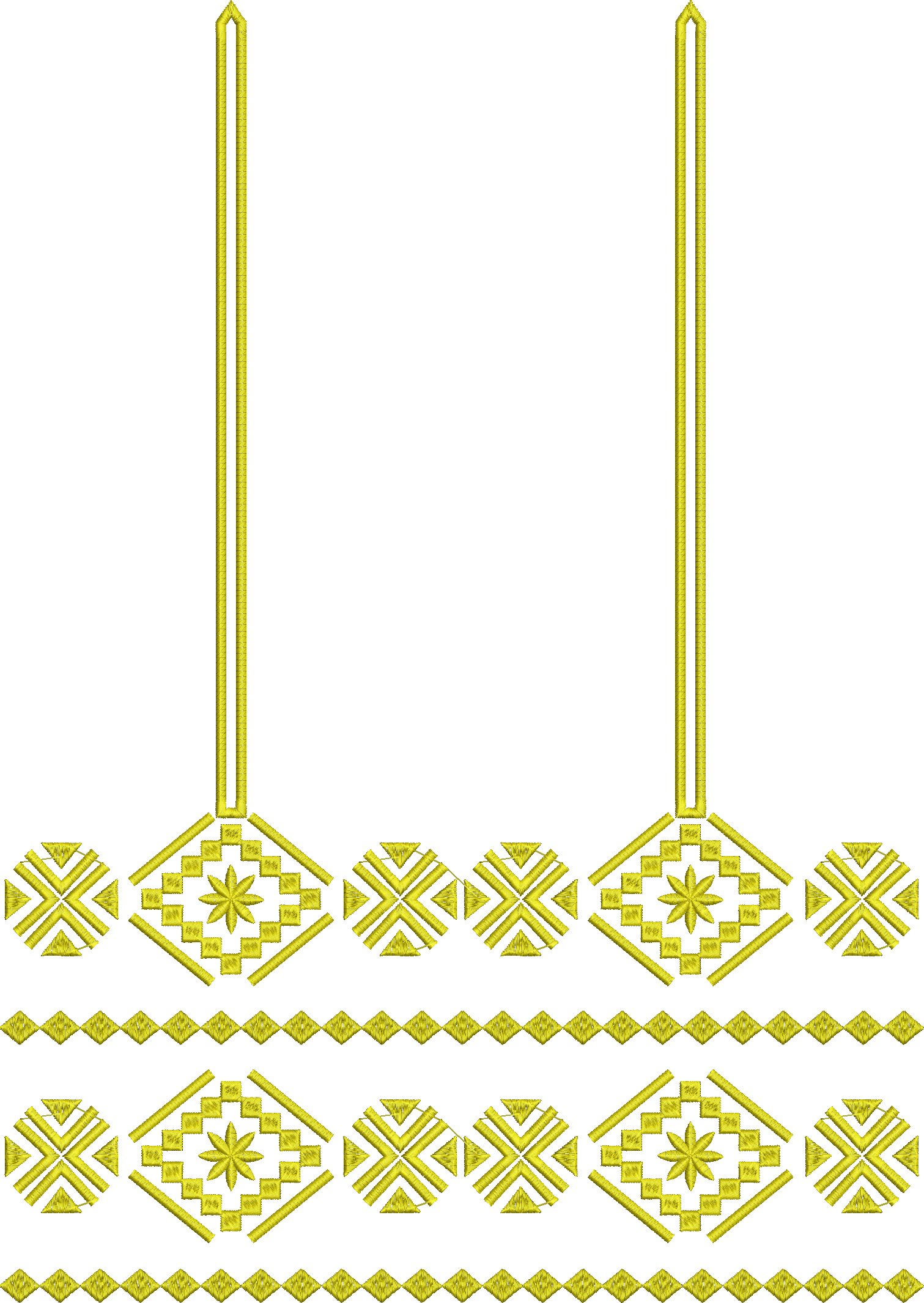 Embroidery design: A golden embroidery design featuring repeating horizontal borders of geometric and diamond motifs with internal star-lik