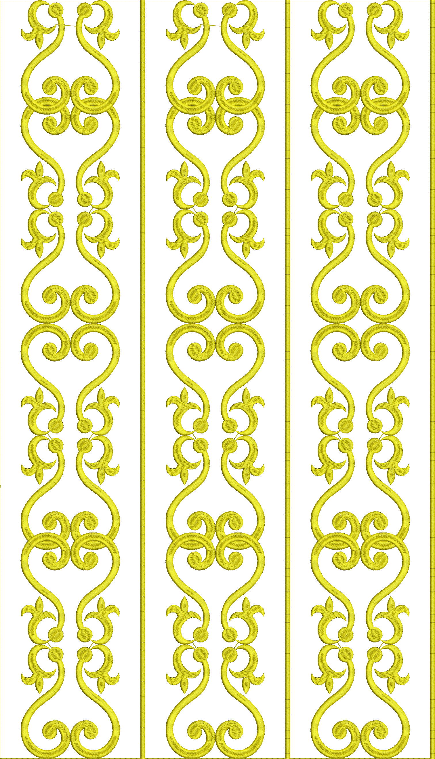 Embroidery design: A decorative embroidery design featuring three vertical panels with intricate, symmetrical scrollwork and stylized flora