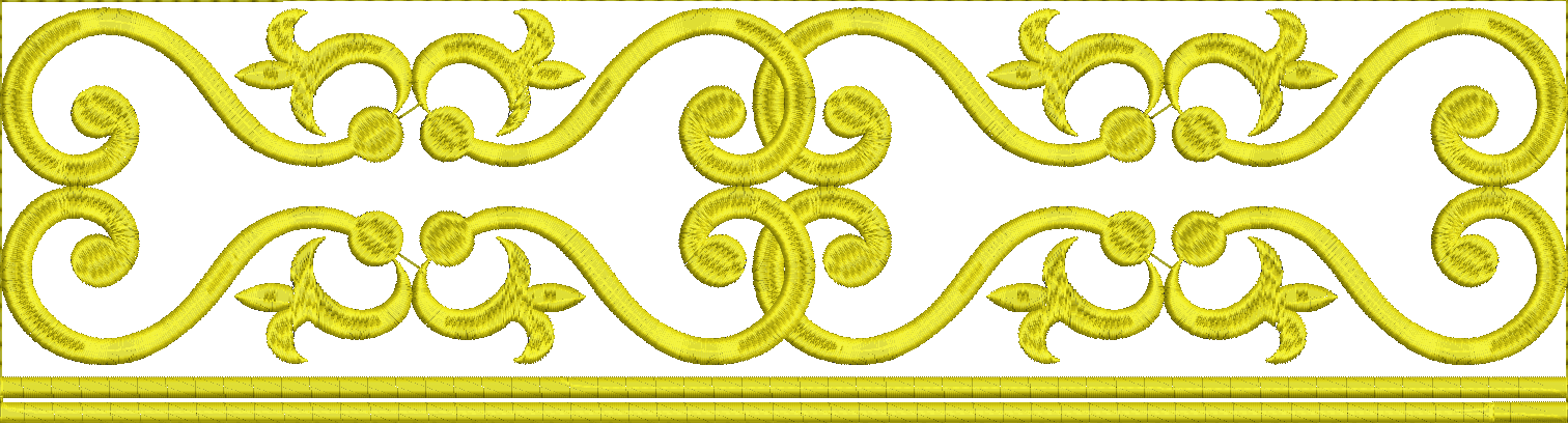 Embroidery design: A decorative yellow border design with symmetrical scrollwork and repeating ornamental motifs.