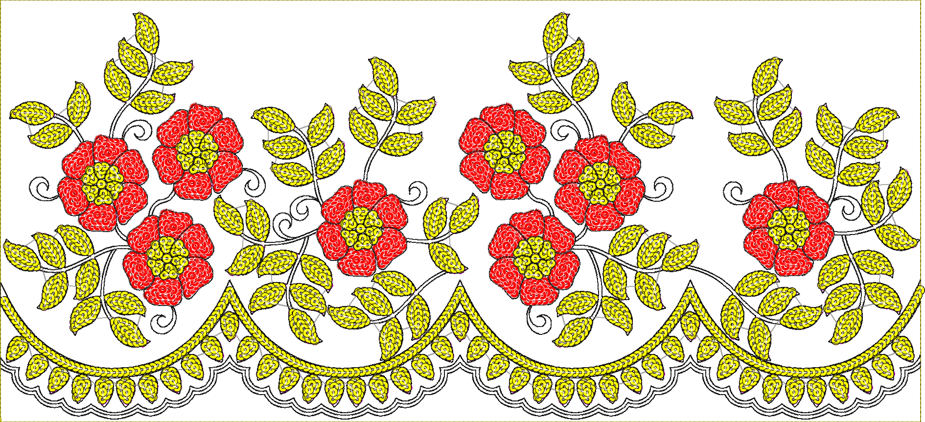Embroidery design: A decorative floral border embroidery design featuring red flowers with yellow centers, surrounded by green leaves and a