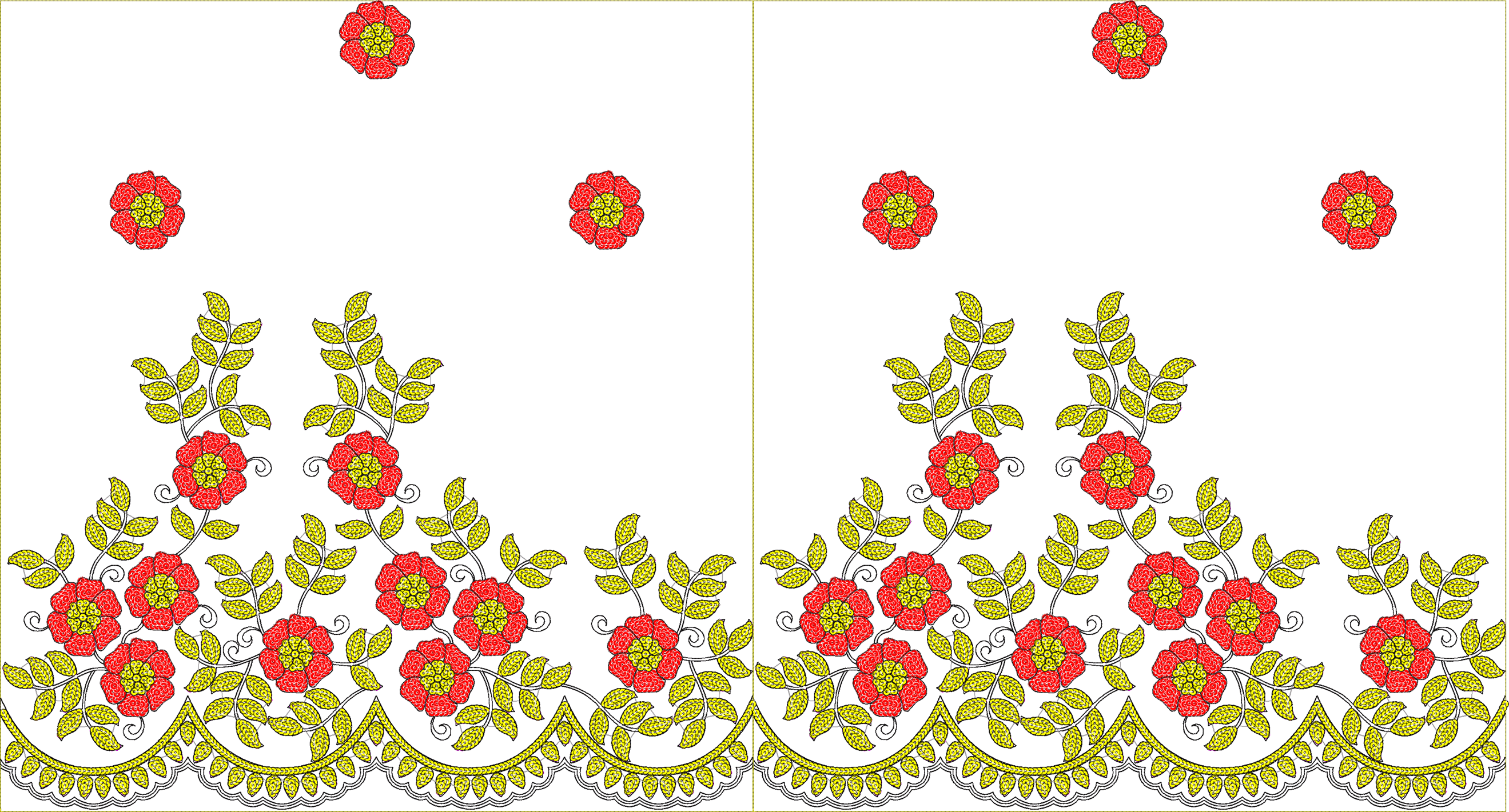 Embroidery design: A decorative embroidery border featuring red flowers with yellow centers and green leaves, with a scalloped edge detail.