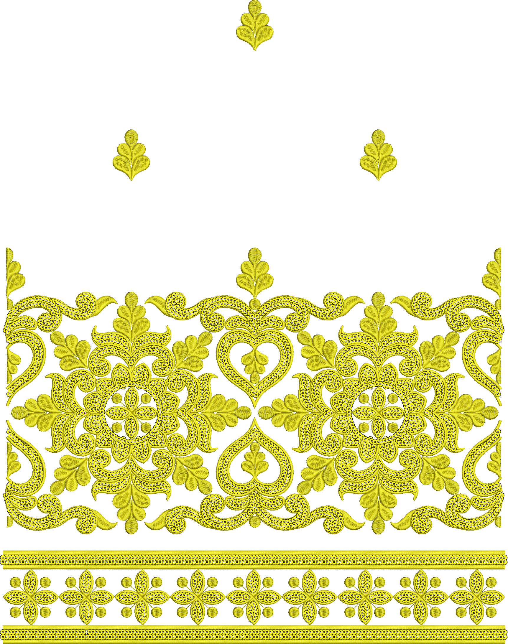 Embroidery design: A decorative and ornamental yellow embroidery design featuring a repeating, symmetrical border with intricate scrollwork