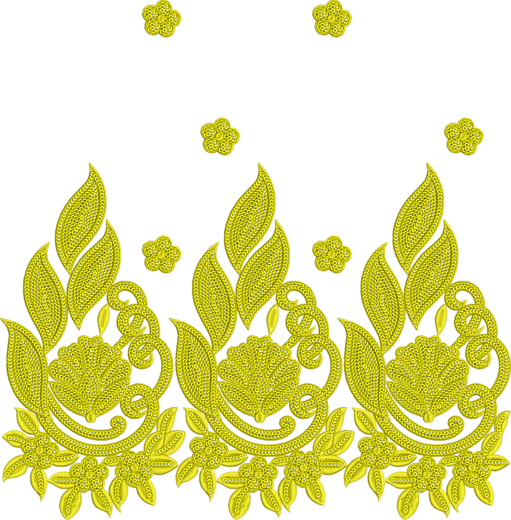 Embroidery design: A yellow embroidery design featuring a repeating border pattern of stylized leaves, scrollwork, and flowers.