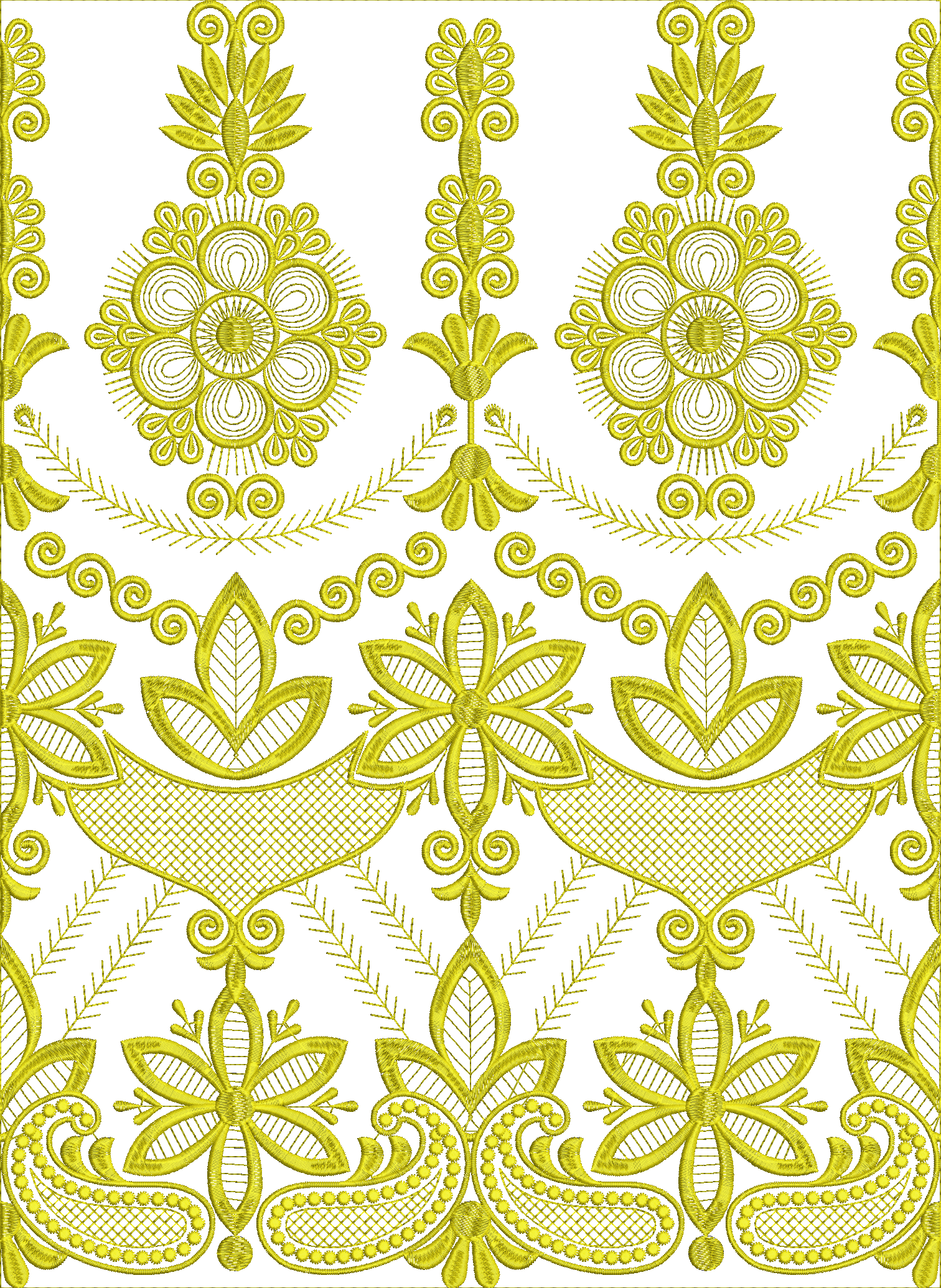 Embroidery design: A yellow ornamental embroidery border featuring repeating symmetrical floral motifs with intricate scrollwork and leaf d