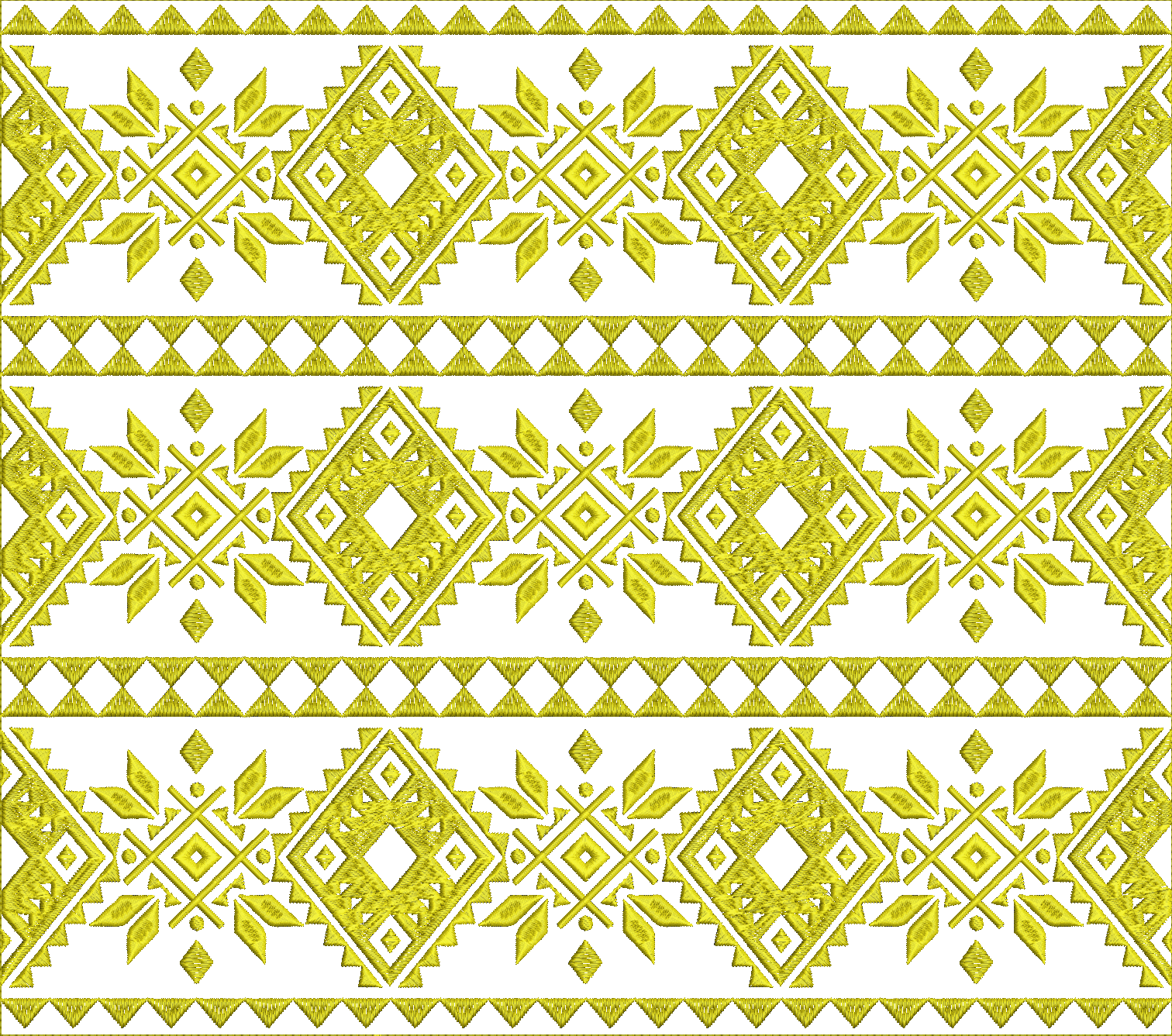 Embroidery design: A repeating, symmetrical, golden yellow embroidery design with a geometric pattern that includes diamonds, triangles, an