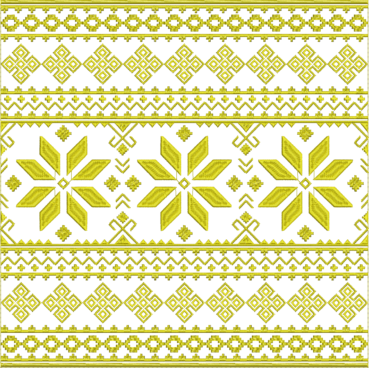 Embroidery design: A decorative, repeating border embroidery design with traditional and ethnic geometric motifs in gold.