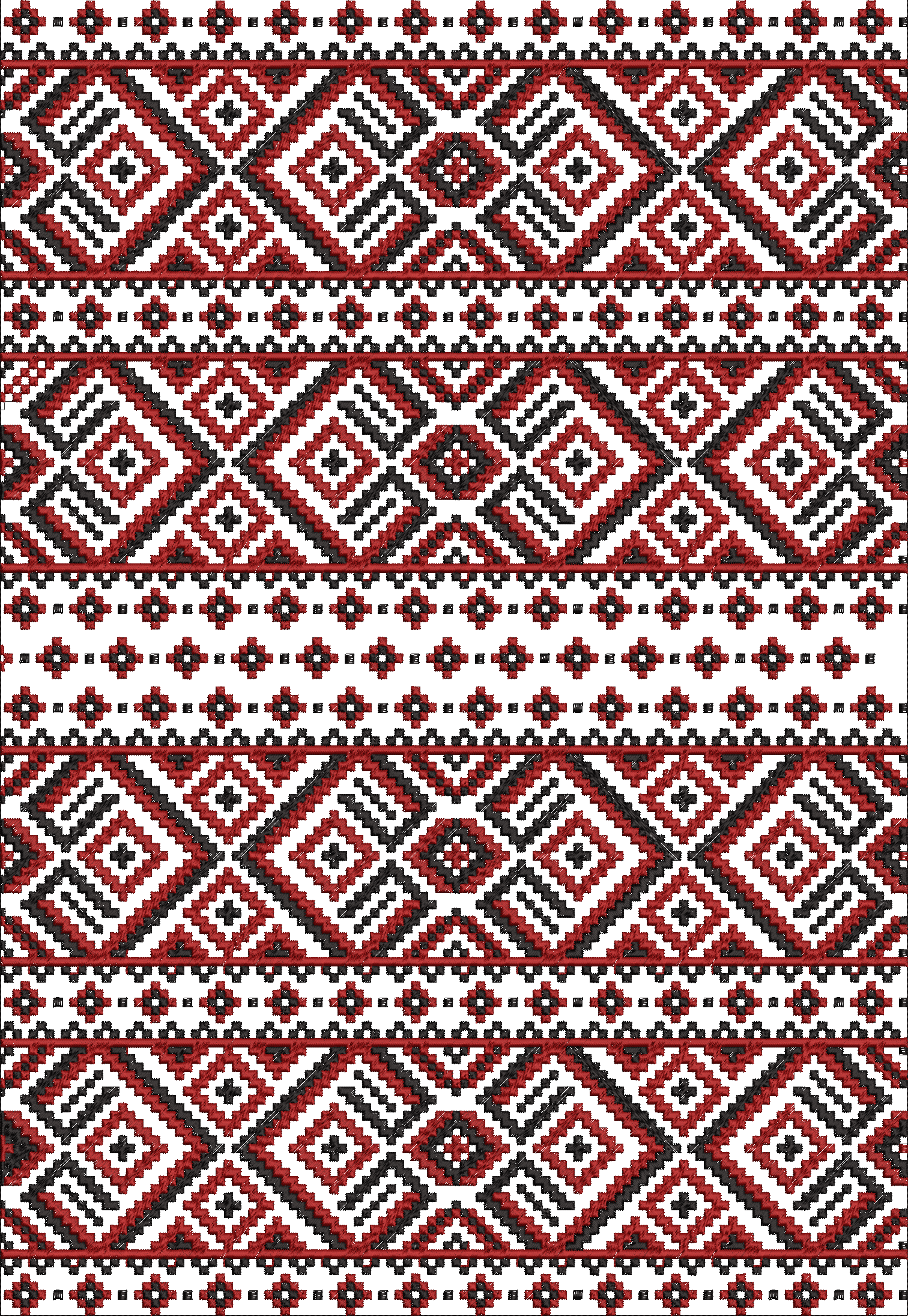 Embroidery design: A traditional ethnic embroidery design with repeating geometric patterns in red, black, and white, featuring diamond and