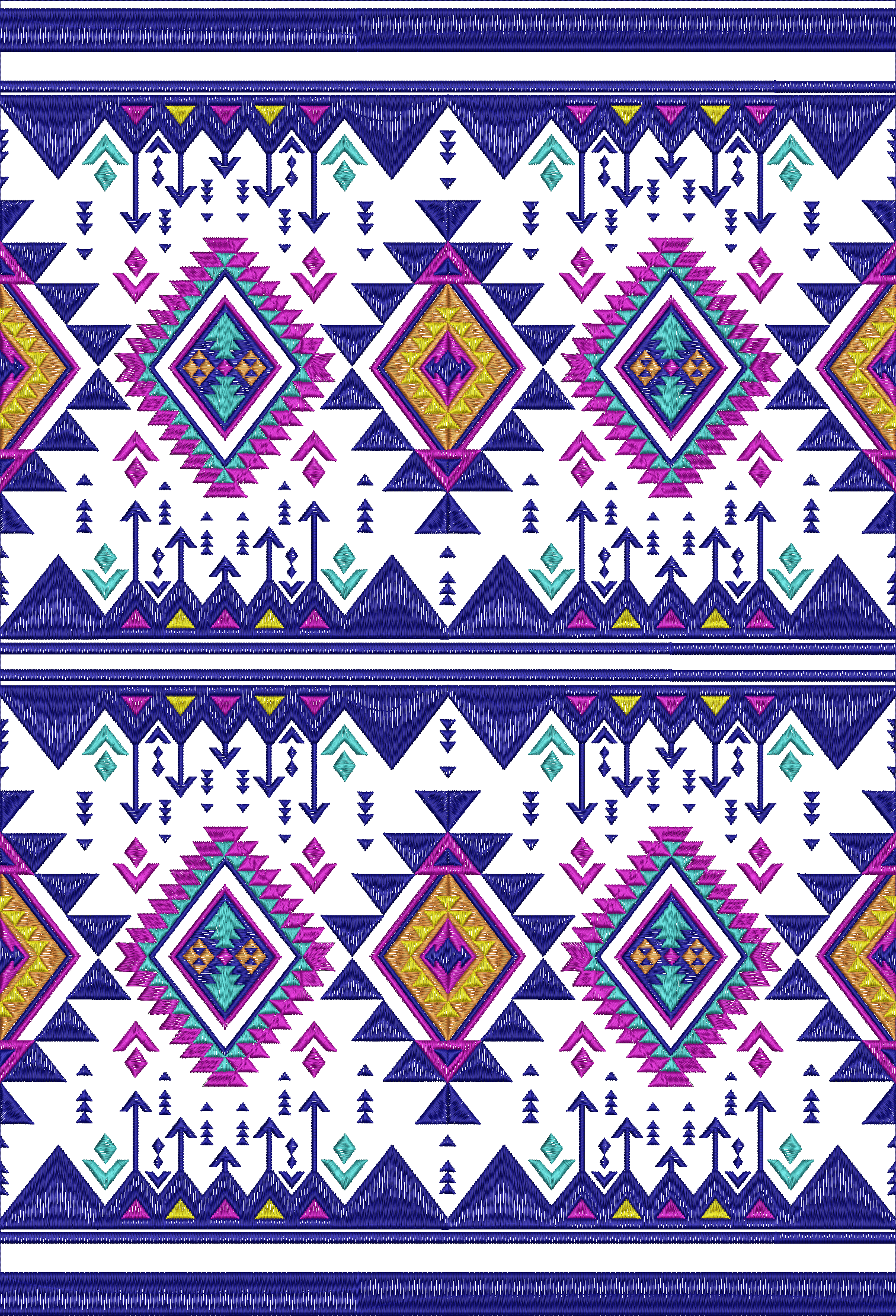 Embroidery design: A repeating ethnic geometric border pattern with blue, magenta, teal, and yellow colors. Features diamond and arrow-like