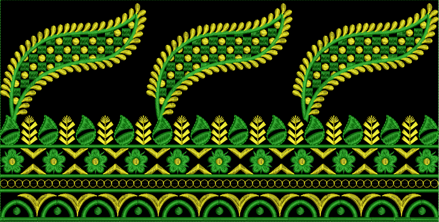 A traditional and ethnic horizontal embroidery border in green and yellow on a black background, featuring repeating paisley, floral, and geometric motifs, including leaves, flowers, dots, and a chain border.