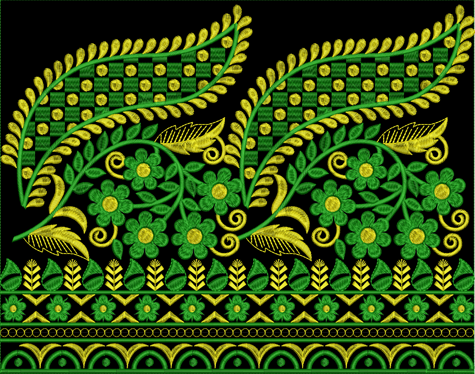 Embroidery design: A digital embroidery design featuring a repeating floral and geometric border in green and yellow, with leafy vine patte