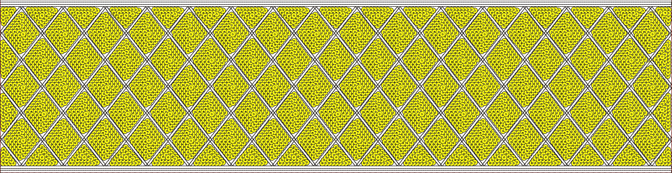 Embroidery design: A repeating geometric pattern of yellow diamond shapes, each containing a dense circular motif. The design has black out