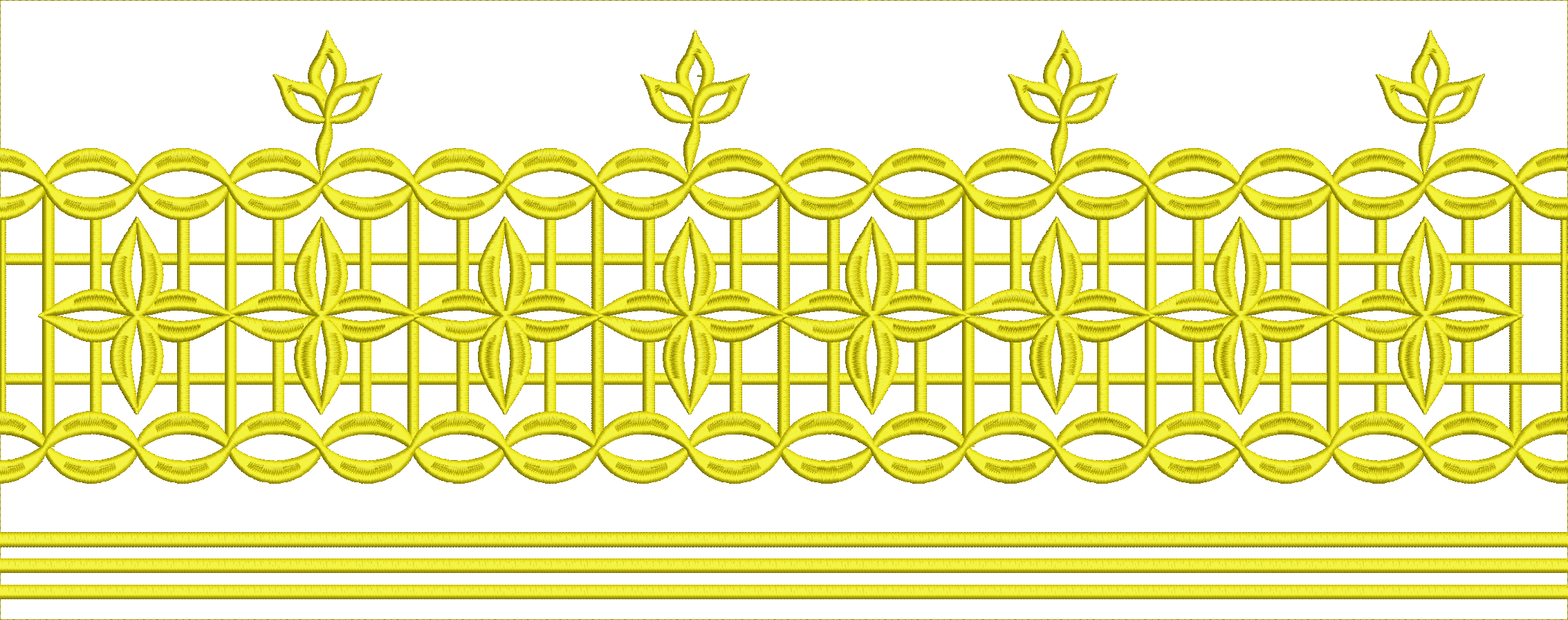 Embroidery design: A yellow embroidery design featuring a repeating geometric and floral border with ornamental and decorative elements, re