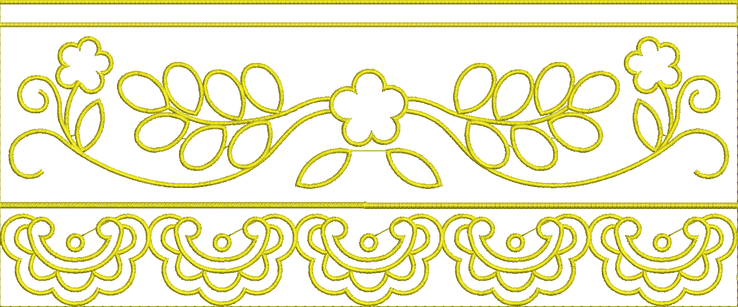 Embroidery design: A yellow embroidery design featuring two decorative horizontal borders. The top border consists of scrolling vines with 