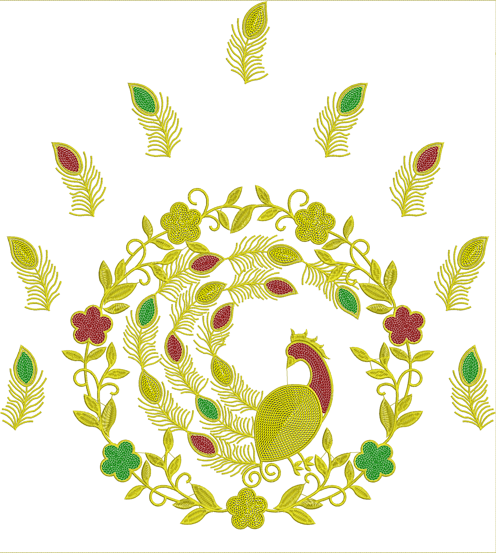 Embroidery design: An ornamental embroidery design featuring a peacock surrounded by floral and botanical elements, with peacock feathers, 