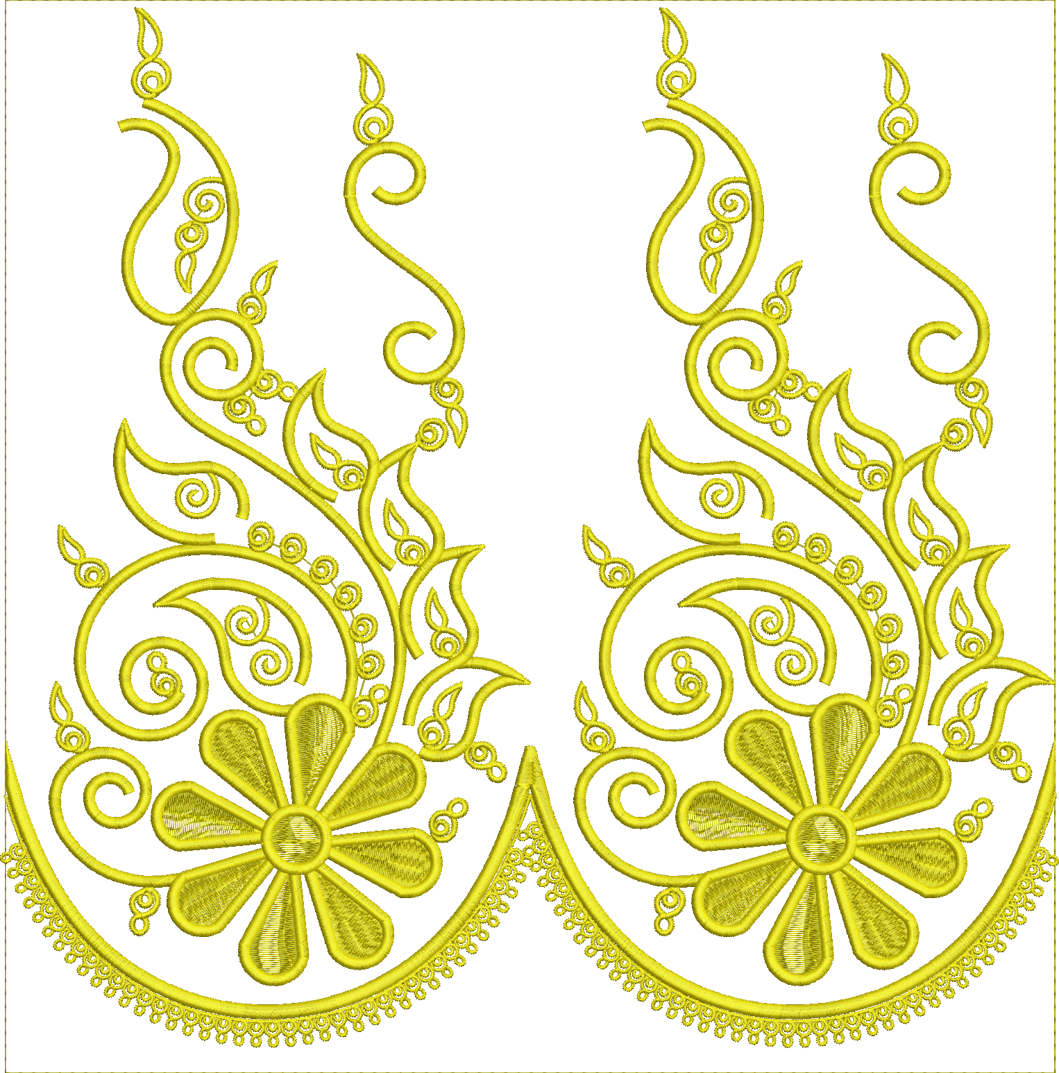 Embroidery design: An ornate yellow embroidery design featuring two symmetrical floral motifs connected by scrolling vines and leaves, with