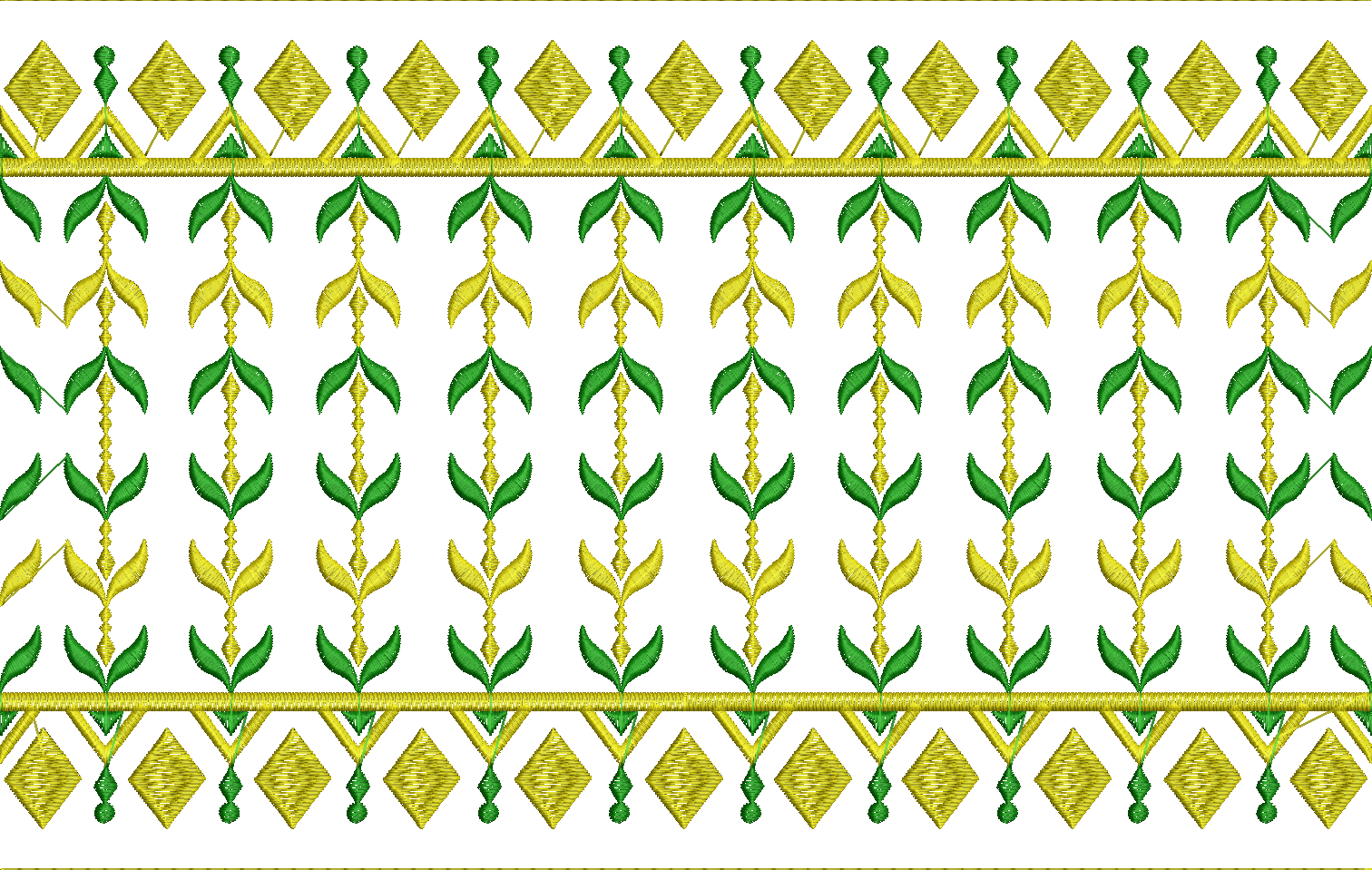 Embroidery design: A decorative embroidery border design featuring repeating symmetrical patterns of green and yellow leaves and diamond sh
