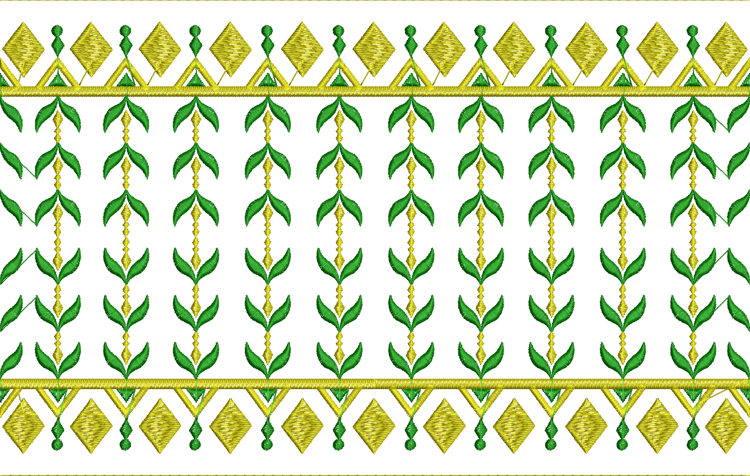 Embroidery design: A repeating horizontal border embroidery design with alternating rows of green leaves and yellow diamond shapes.