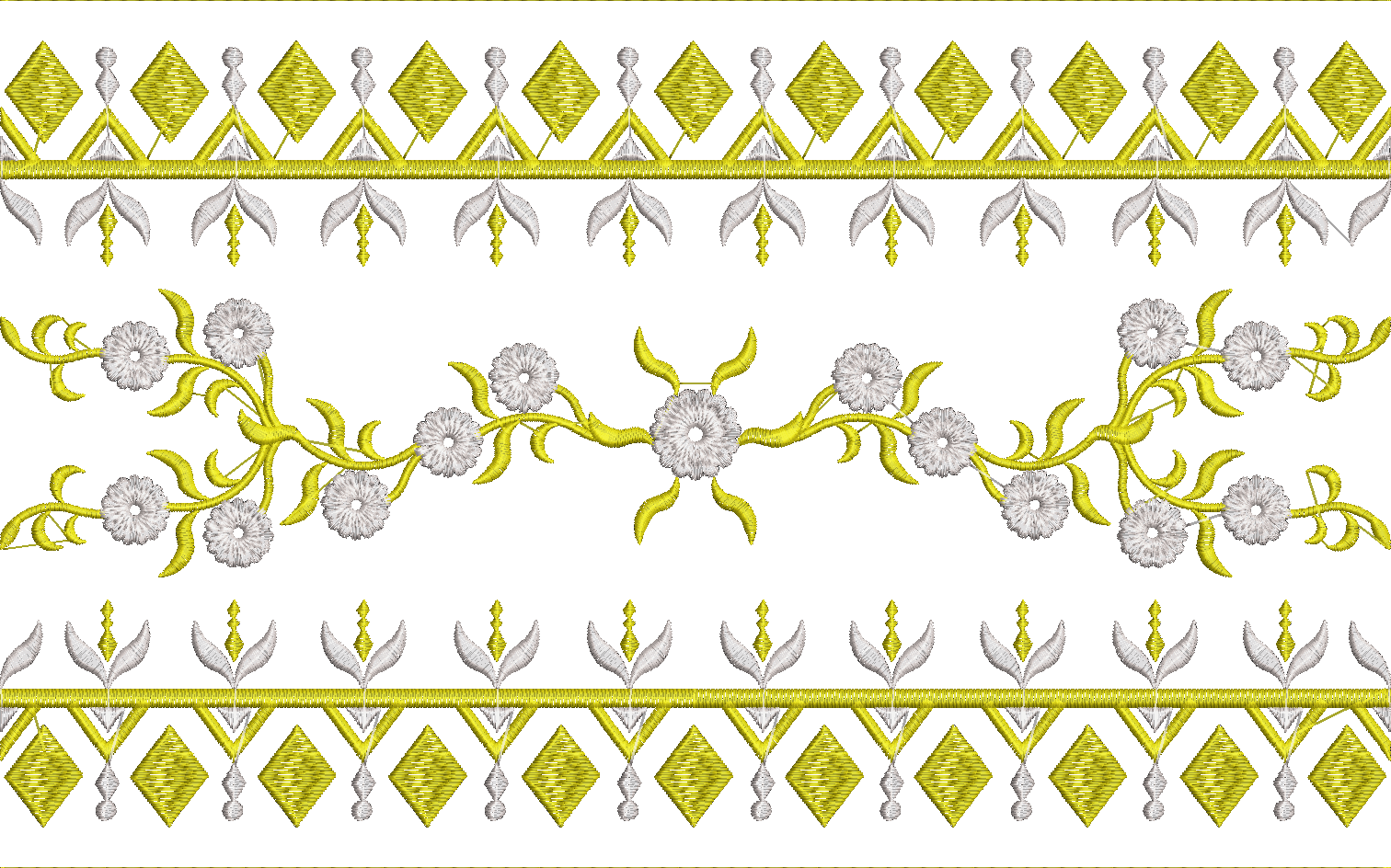 Embroidery design: A symmetrical horizontal embroidery border with a top and bottom section of yellow diamond and white inverted triangle g