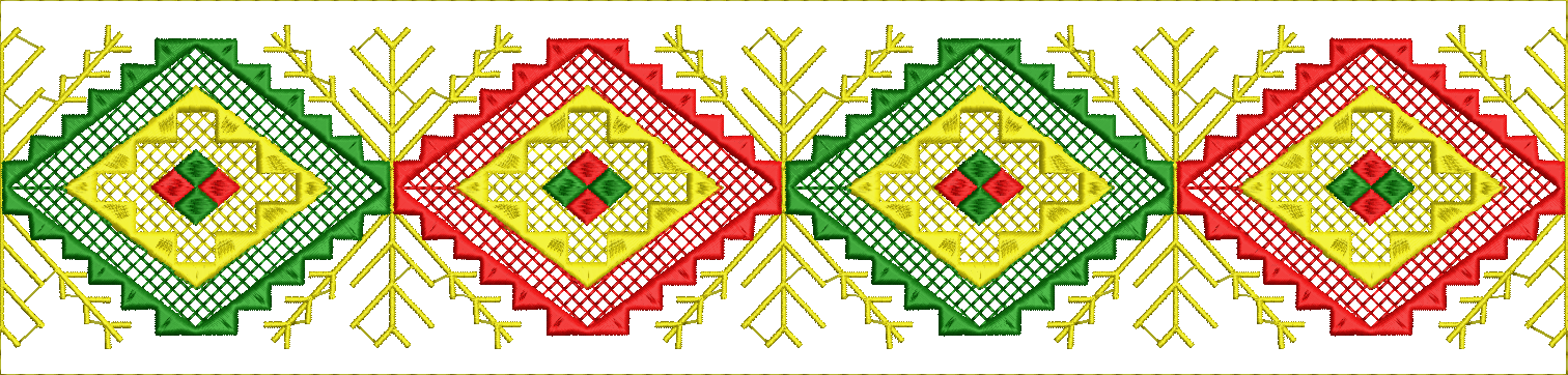 Embroidery design: A symmetrical, repeating border embroidery design featuring geometric patterns of diamonds and chevrons in yellow, green