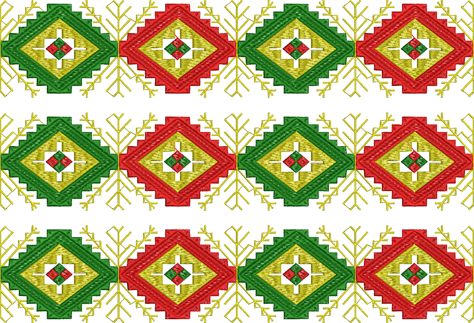 Embroidery design: A traditional ethnic embroidery design with repeating symmetrical diamond motifs in red, green, and yellow, suitable for