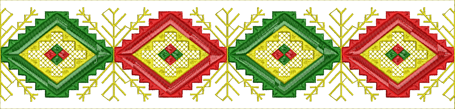 Embroidery design: A decorative embroidery border with repeating geometric diamond motifs in red, green, and yellow.