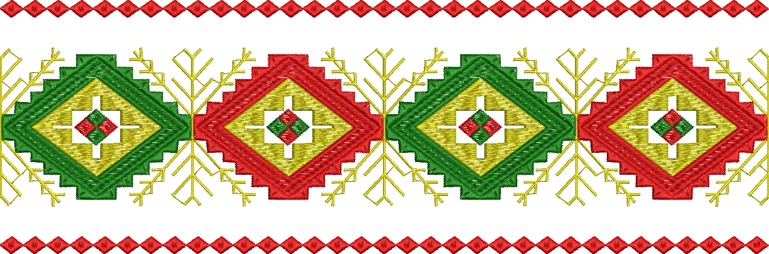 Embroidery design: A repeating embroidery border design with geometric and ethnic motifs in red, green, and yellow.