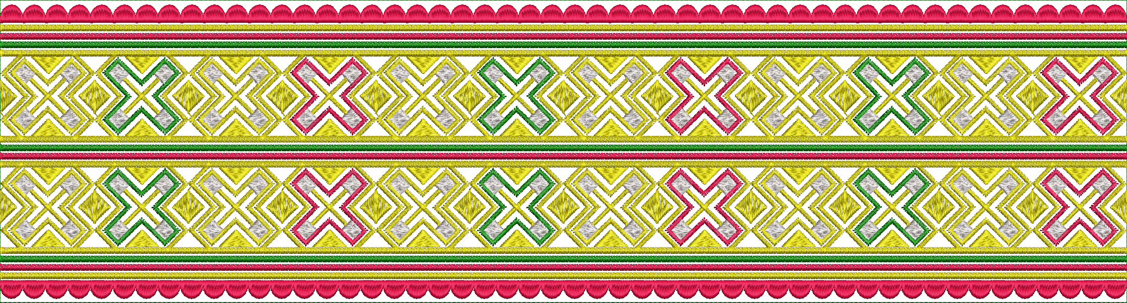 Embroidery design: A decorative embroidery border with a repeating yellow and green geometric pattern of interlocking diamonds, framed by p