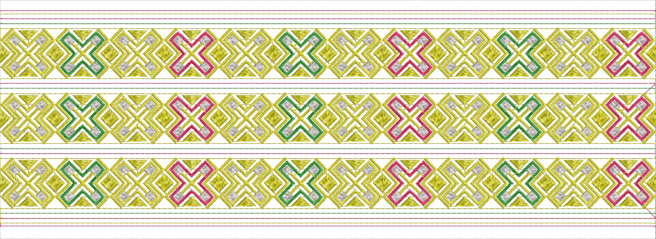 Embroidery design: A repeating horizontal border embroidery design with a geometric pattern of interlocking diamonds and zig-zag lines in y