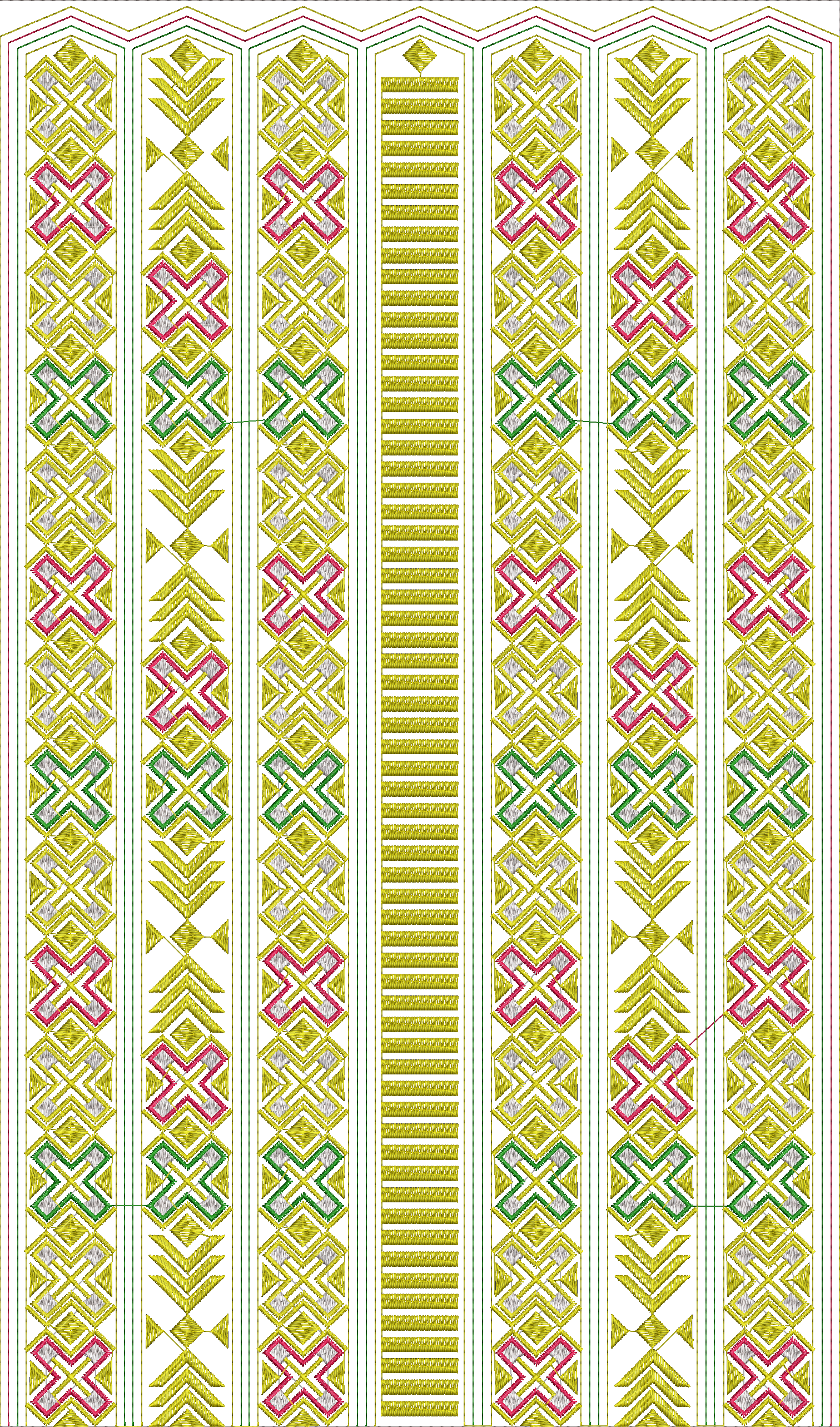Embroidery design: A vertical embroidery panel with a repeating geometric pattern in gold, pink, and green, featuring symmetrical and mirro