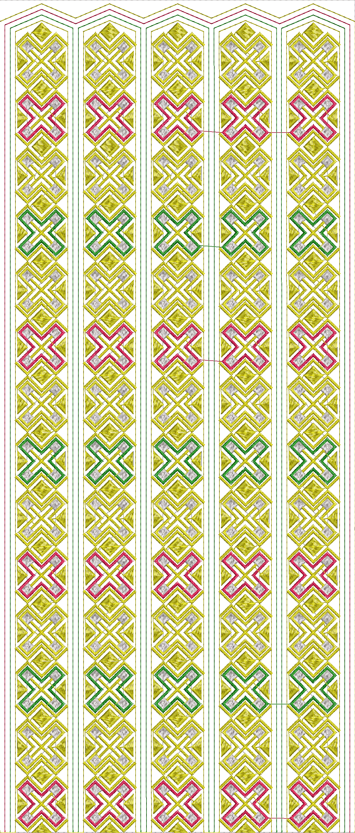 Embroidery design: A vertical embroidery border design featuring repeating geometric patterns in gold, pink, green, and silver, with interl