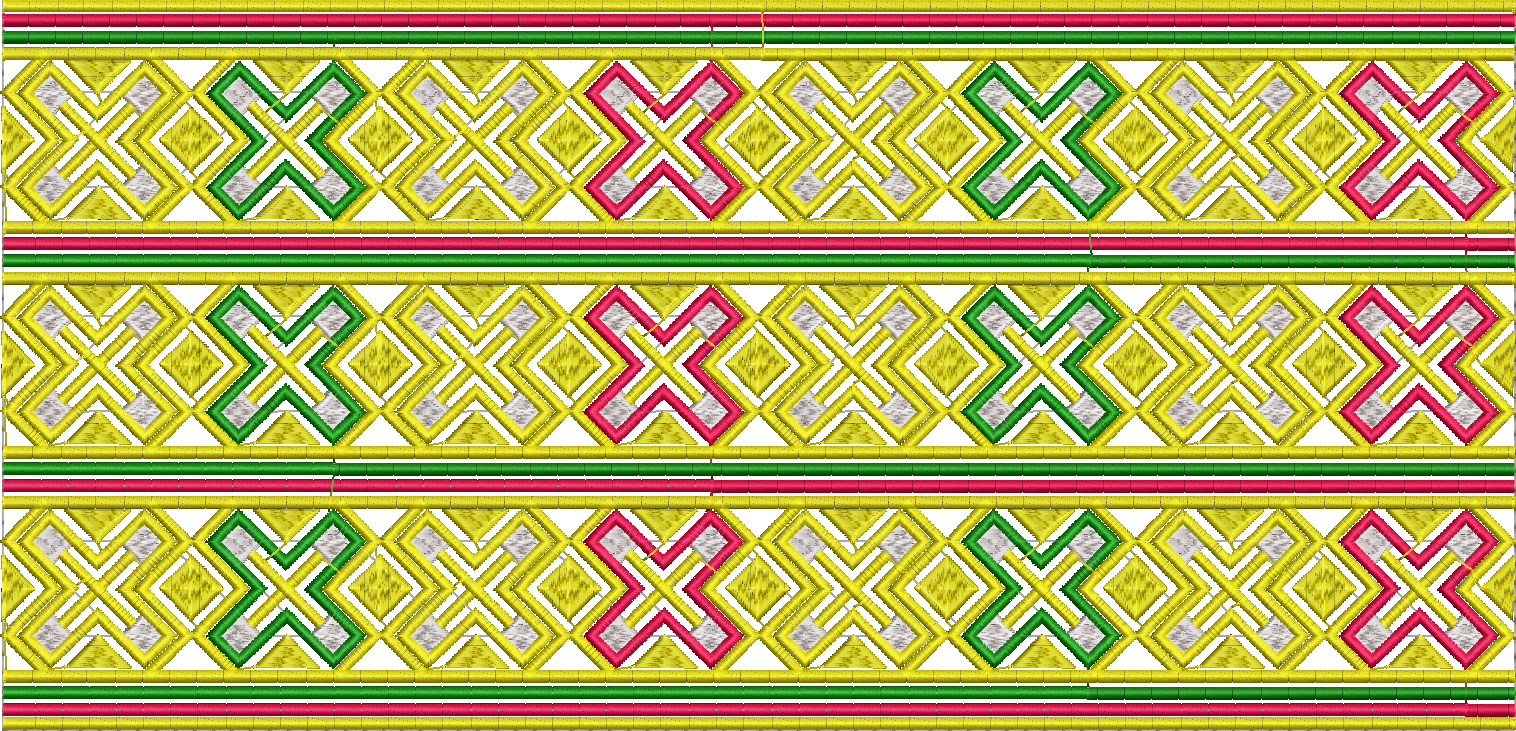 Embroidery design: A decorative embroidered border with repeating geometric diamond patterns in yellow, green, and pink.