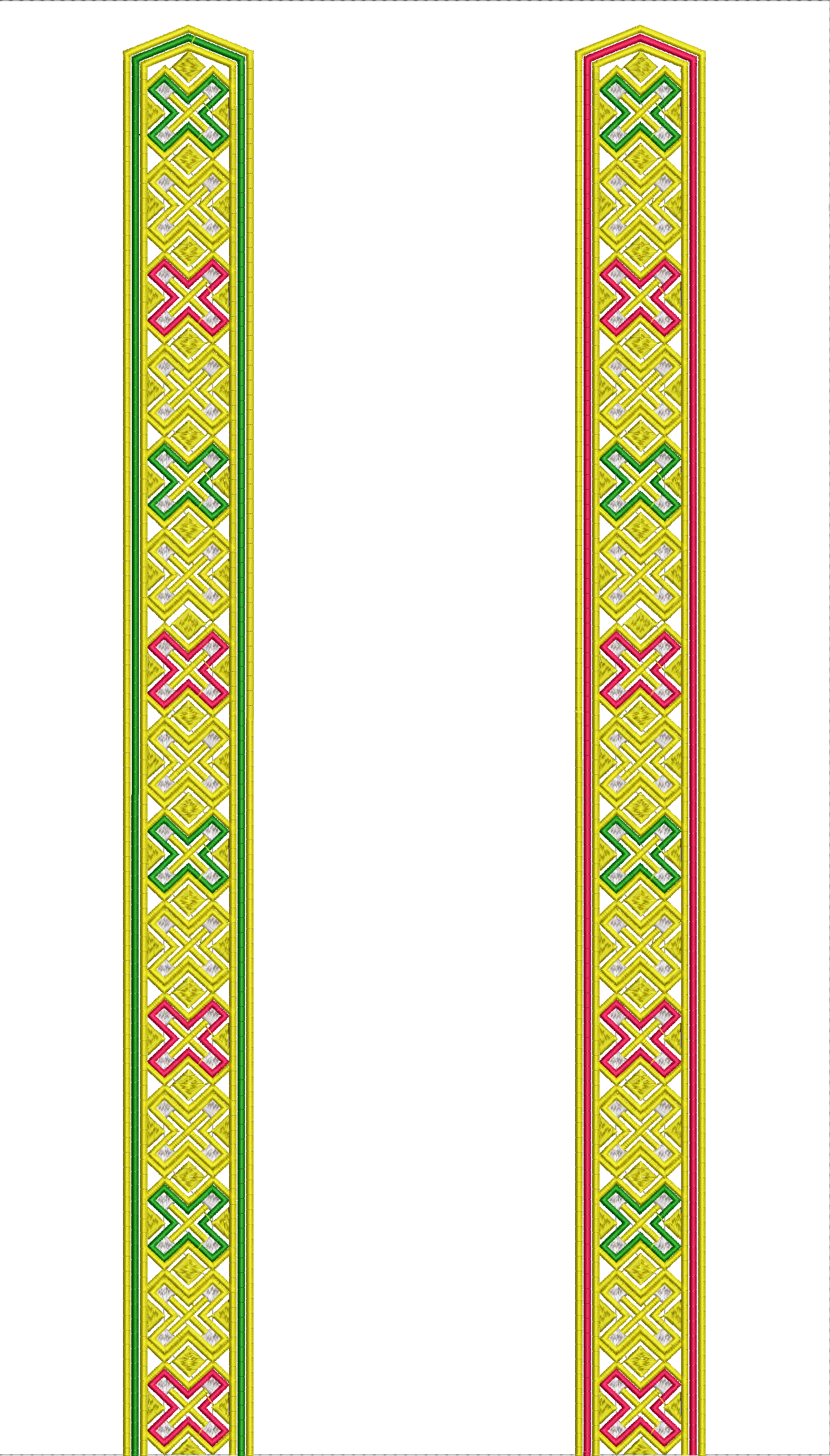 Embroidery design: A decorative vertical embroidery border design with a repeating geometric pattern of interlocking yellow diamonds and pi