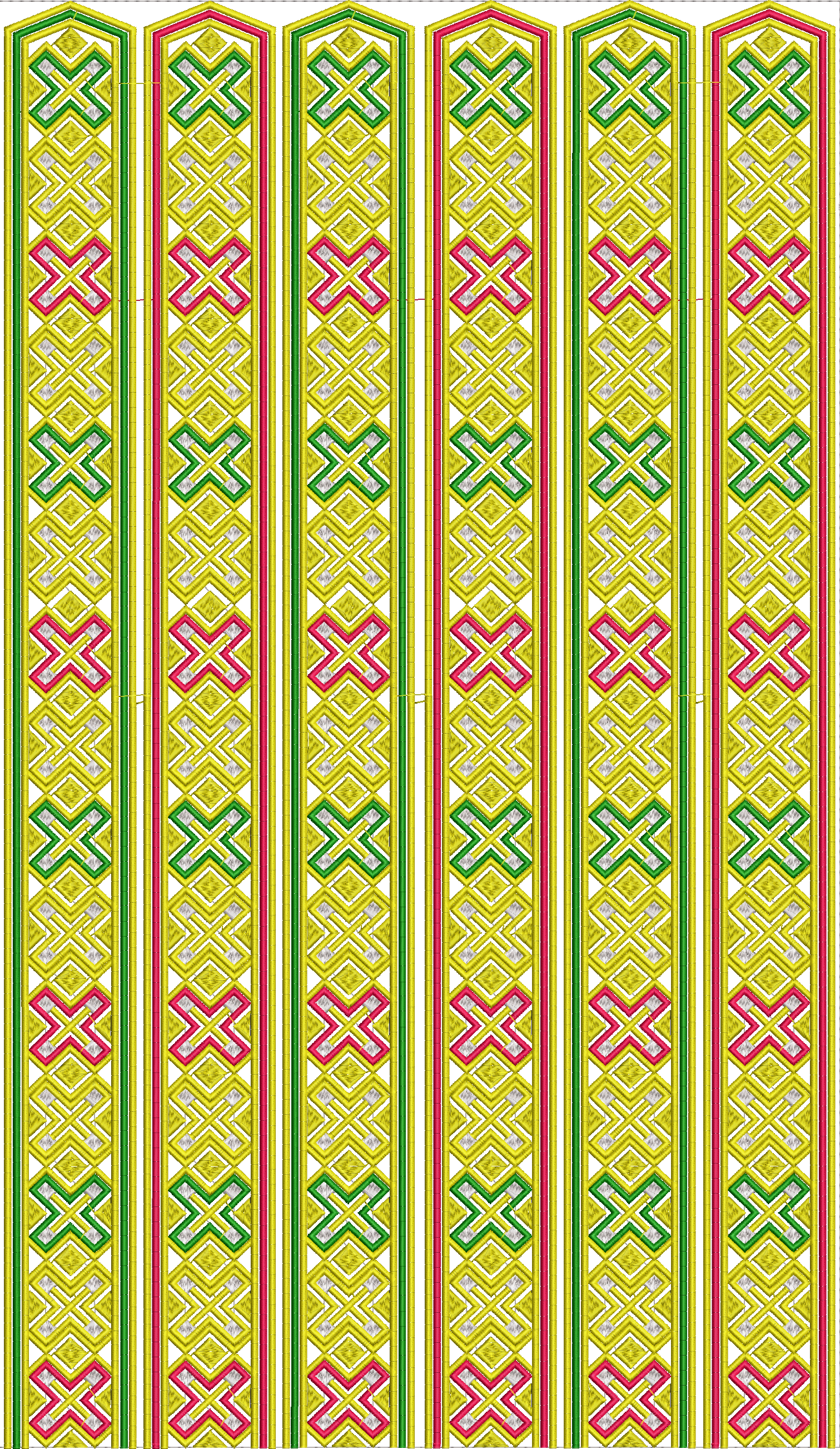 Embroidery design: A repeating vertical border embroidery design with intricate geometric and ornamental motifs in yellow, green, pink, and