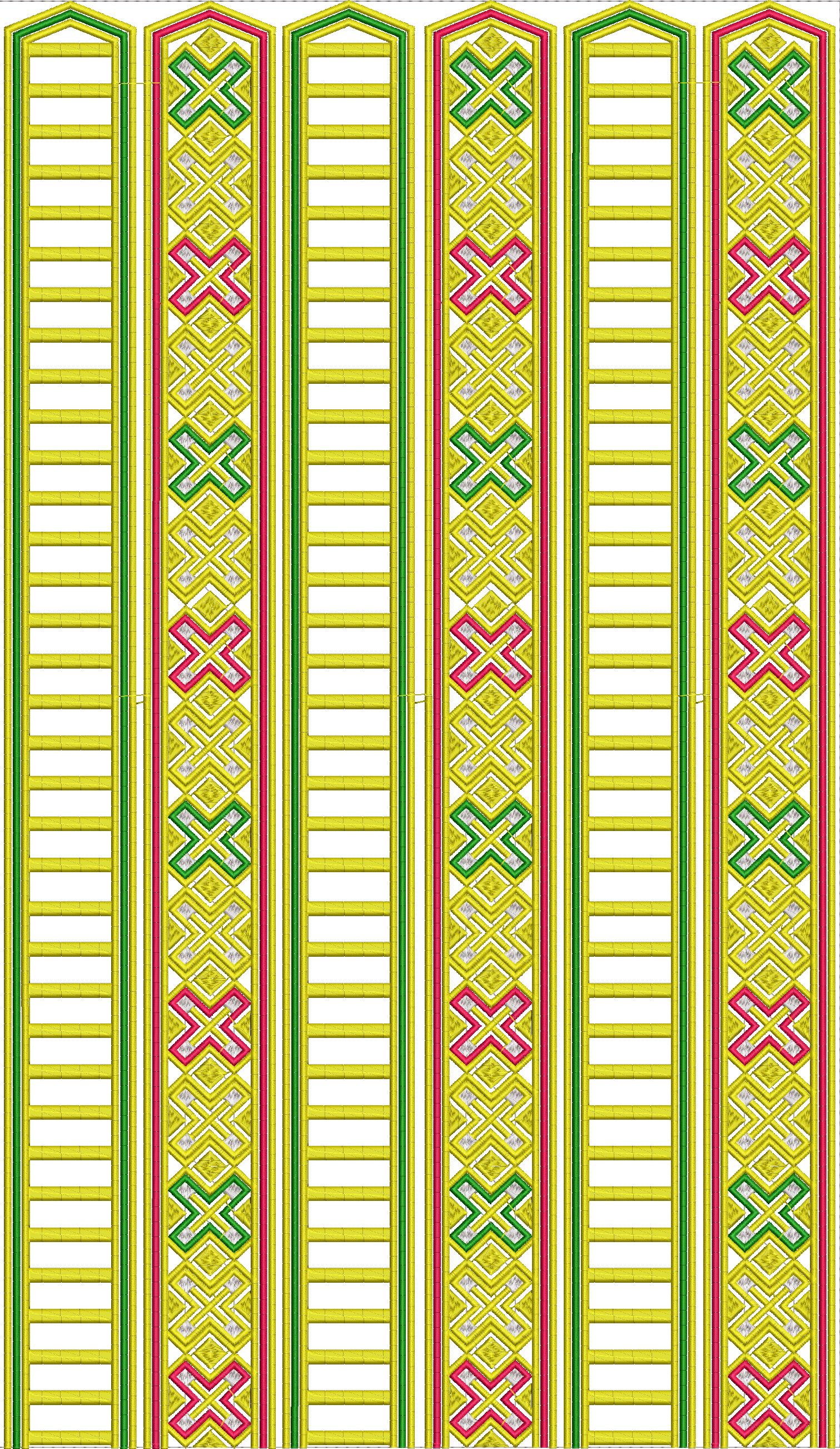 Embroidery design: A vertical embroidery border with repeating geometric and diamond patterns in yellow, pink, and green.
