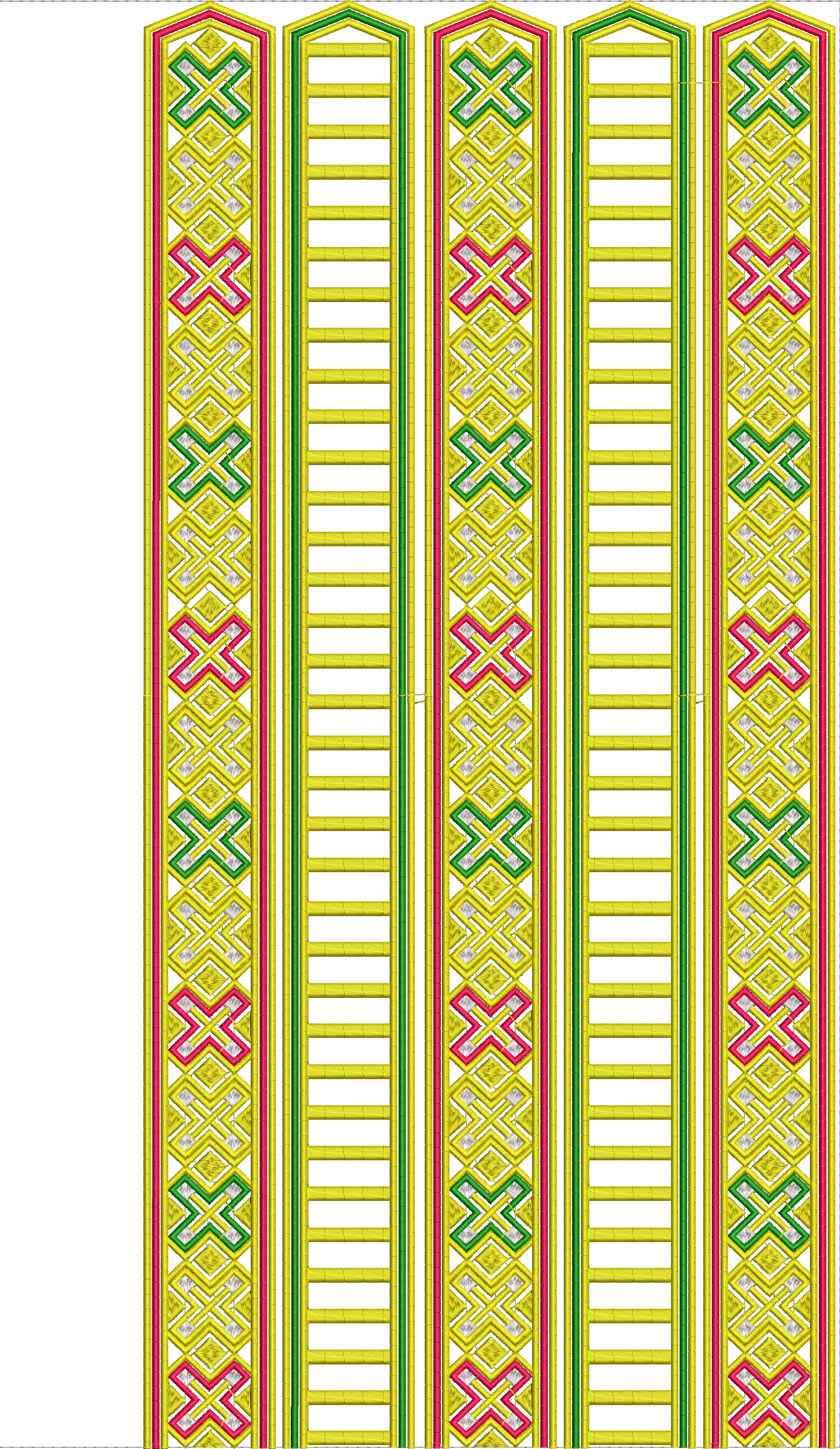 Embroidery design: A repeating vertical border embroidery design with geometric patterns in yellow, green, pink, and white, featuring latti